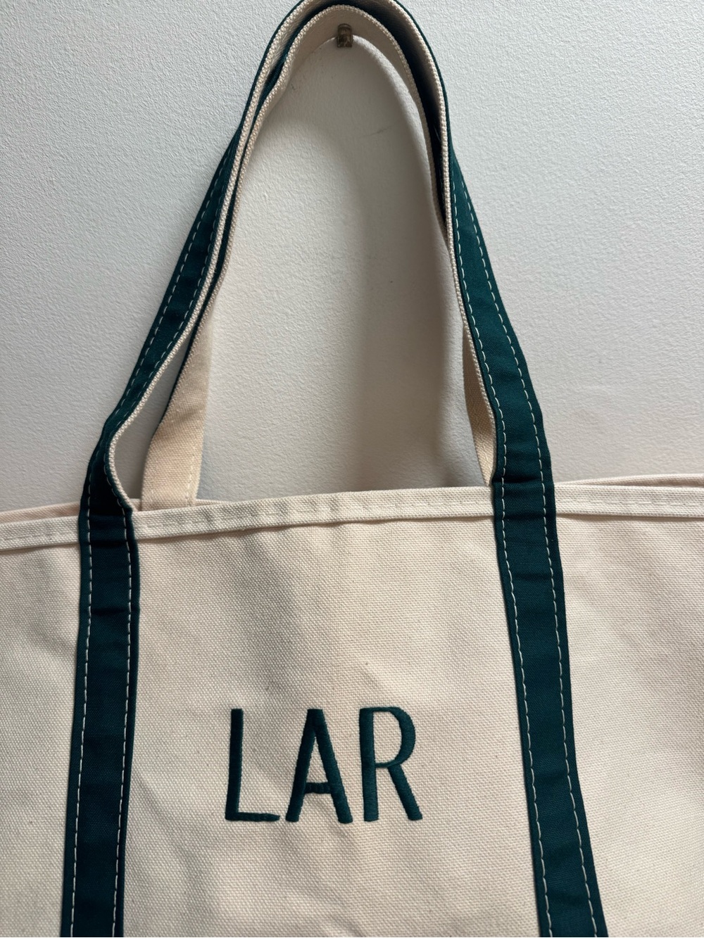 Vintage LL Bean Boat & Tote Bag White/Green Canvas XL 26” x 16” “LAR” - Picture 2 of 7